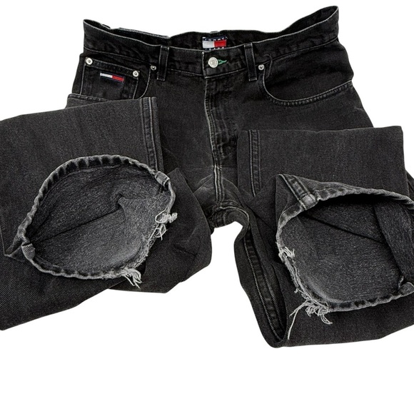 Y2K Tommy High Rise Black Jeans Cotton Size 32 X 32 Flag Logo Patch Spellout - Picture 13 of 15